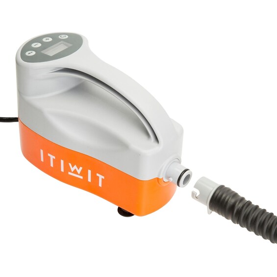 A portable water pump with a digital display and an orange and white body. 5