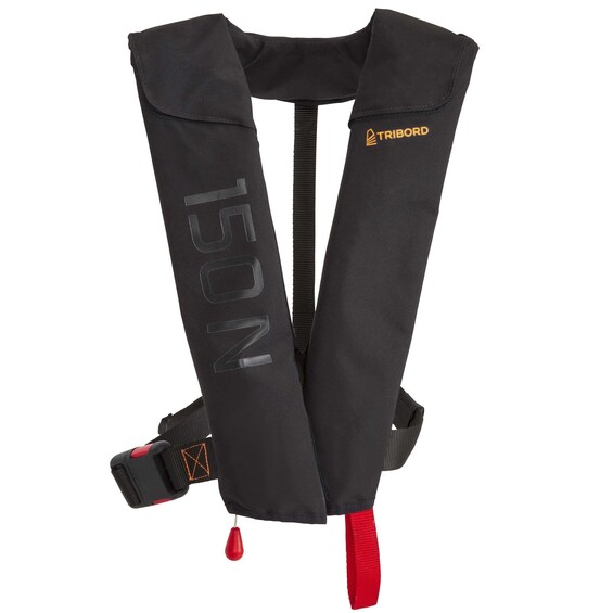 A black life jacket with the brand name 'TRIBORD' and the number '150' on it. 3