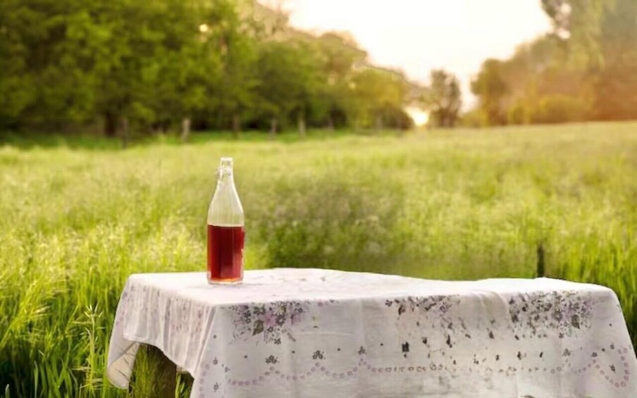 A bottle of red liquid on a table in a grassy field with trees in the background. 5