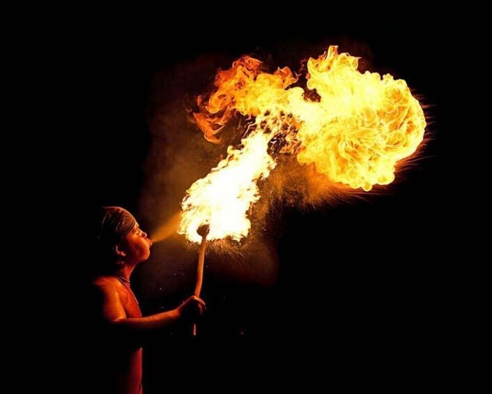 A person performing a fire act with a flaming torch. 5