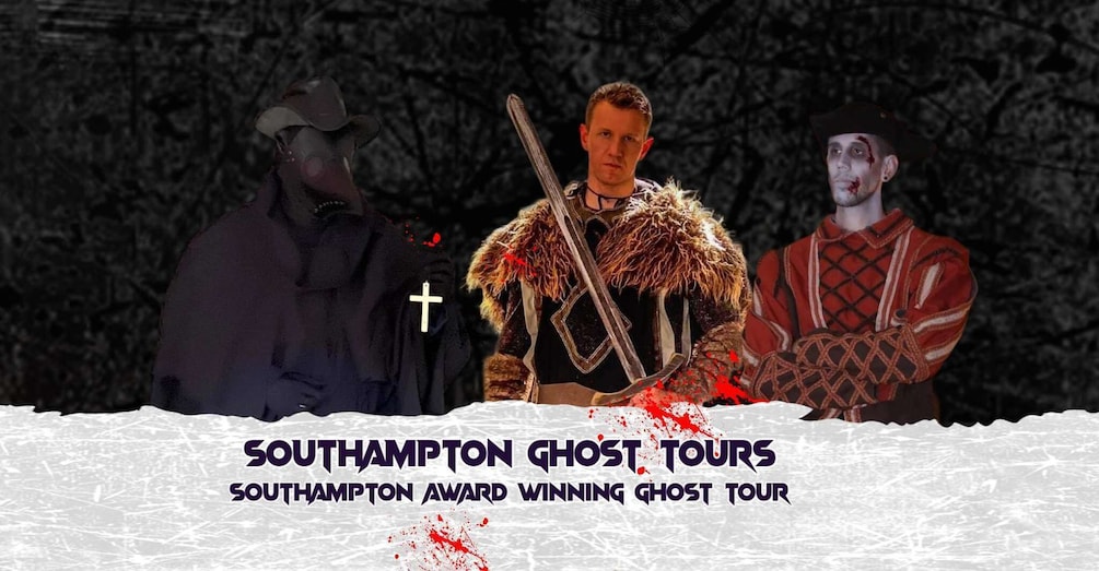 A promotional poster for the Southampton Ghost Tour, featuring a character in a fur coat and a cross, with a snowy background. 1