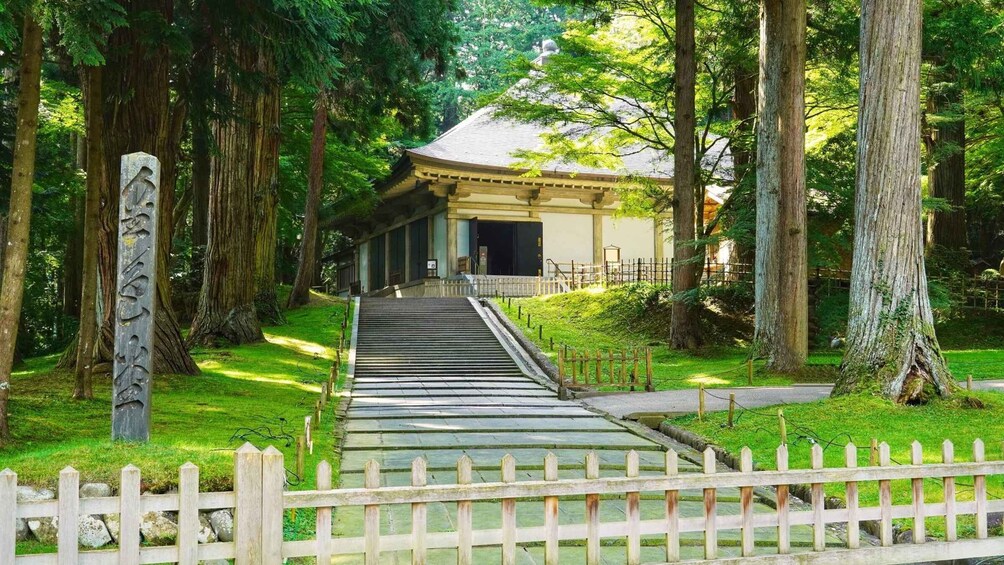 A traditional Japanese temple with a wooden walkway leading to it, surrounded by tall trees and a wooden fence. 1