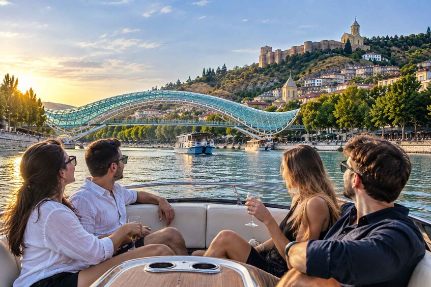 A group of people on a boat, a bridge, and a historic castle on a hill. 2