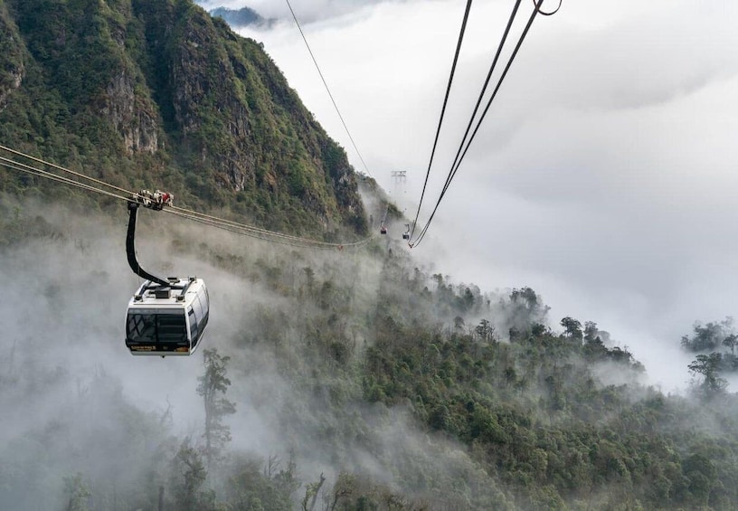 A cable car moving along a cable in a mountainous area with dense vegetation and mist. 3