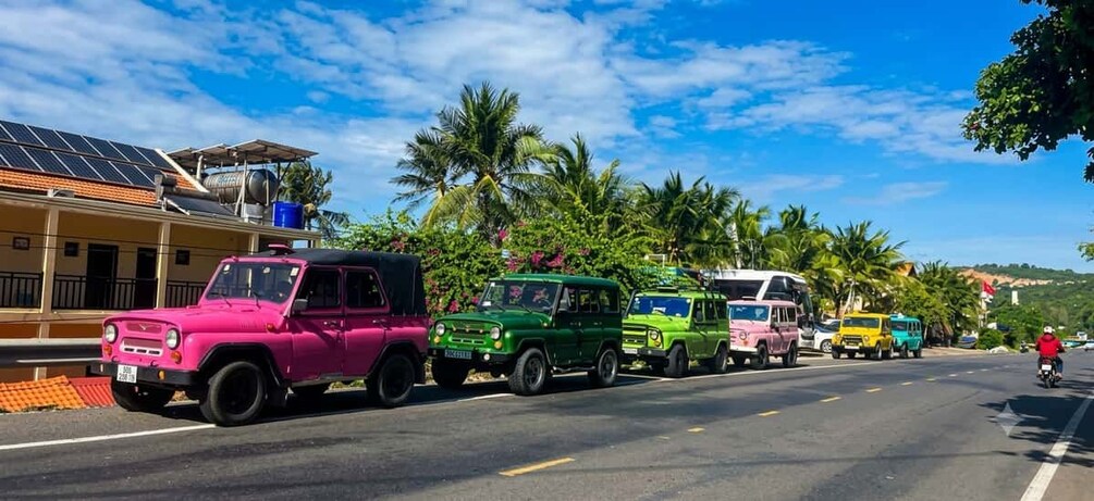 A road lined with colorful vehicles parked along the side, palm trees, and a building with solar panels. 4