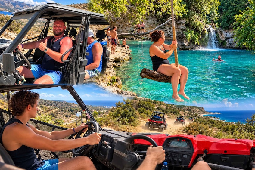 A jeep tour with a scenic view of a turquoise lake and a waterfall. 3
