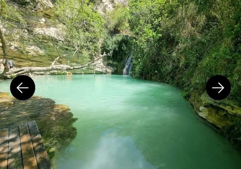 A natural pool surrounded by greenery and rocky terrain. 3