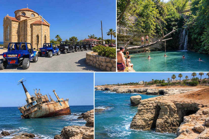 A church, a group of jeeps, a waterfall, a shipwreck, and rocky coastline. 2