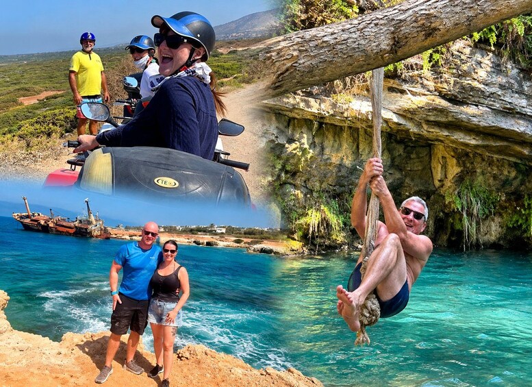 A group of people on a raft, a boat on the water, and a person swinging on a rope. 2