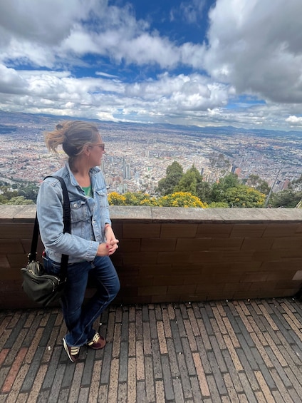 A person sitting on a brick wall overlooking a cityscape with buildings and trees. 2