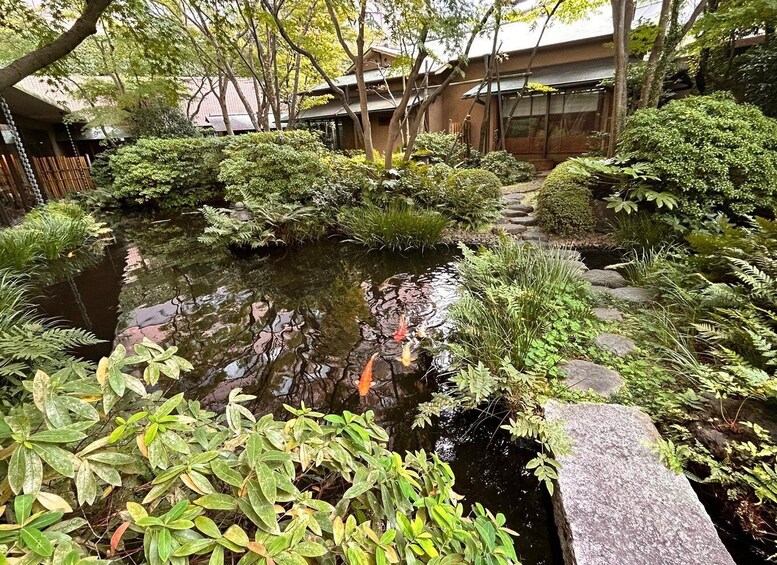 A koi pond surrounded by lush greenery and a stone path. 3