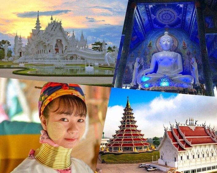 Un templo blanco, una estatua azul de Buda, una persona con un collar en el cuello y una pagoda roja. 1