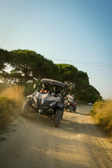 A quad bike on a dirt road with trees in the background. 5