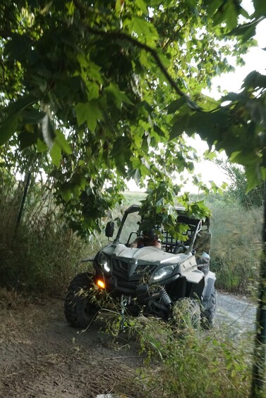 A vehicle navigating a muddy terrain with dense foliage overhead. 4