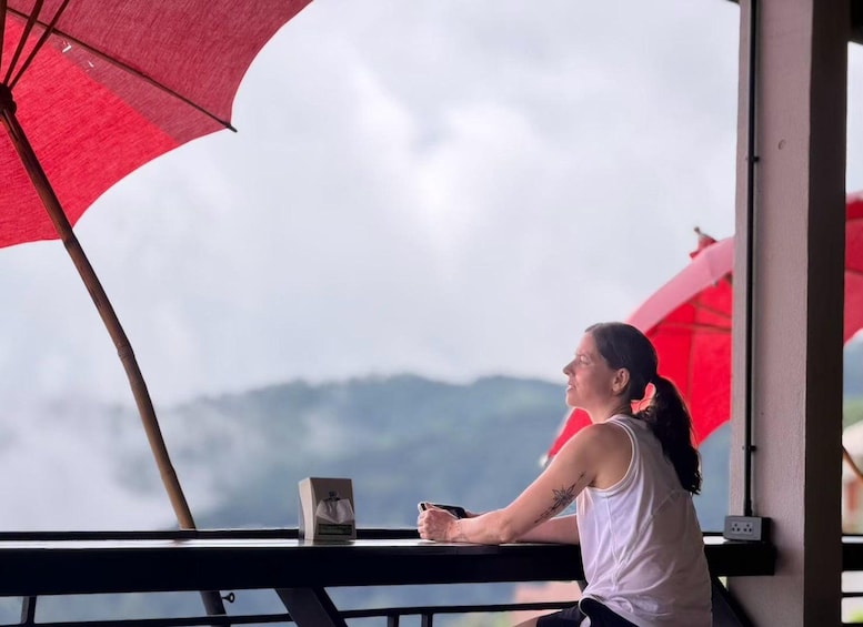 A person sitting at a table with a red umbrella, overlooking a mountainous landscape. 2