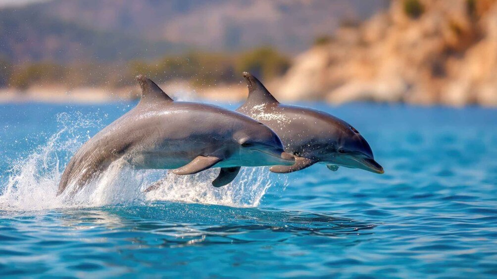 Two dolphins jumping out of the water. 1