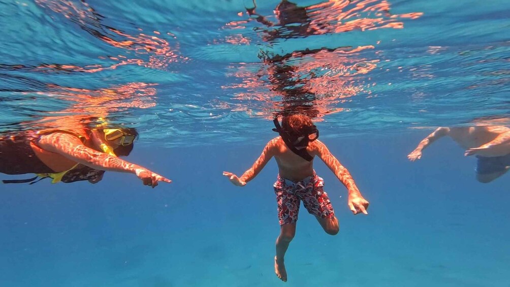 Two people swimming underwater in clear blue water. 5