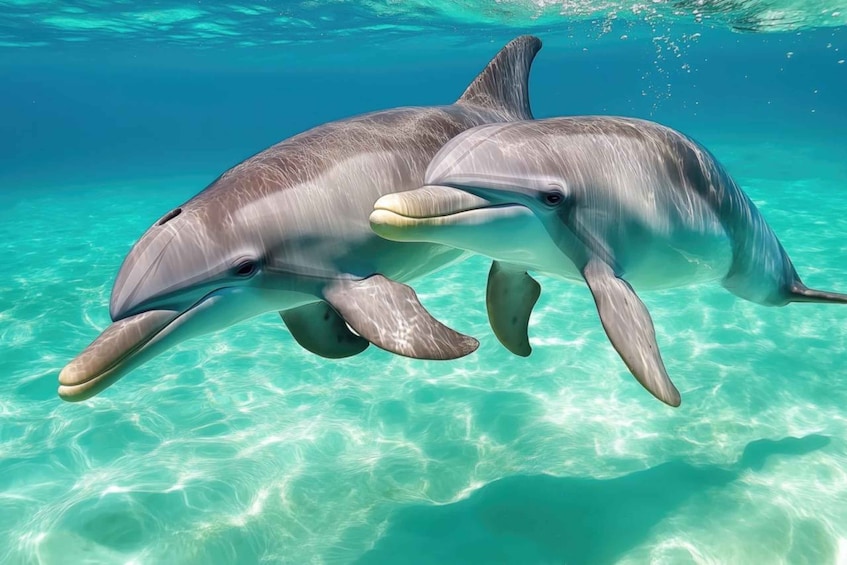 Two dolphins swimming underwater in clear turquoise water. 1