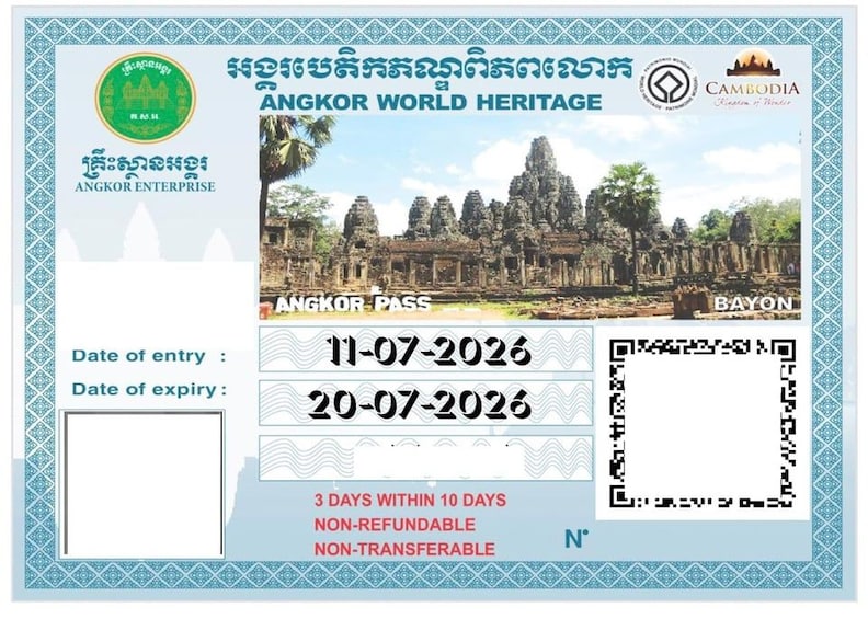 An Angkor World Heritage travel pass with entry and expiry dates, a QR code, and a photo of Angkor Wat. 2