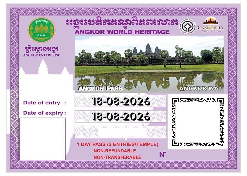 A travel pass for Angkor World Heritage with a date of entry and expiry on 18-08-2026. 1