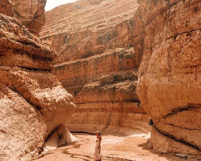 A person standing in a canyon with layered rock formations. 1