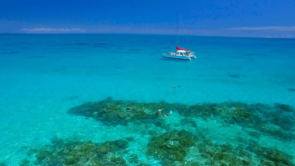 A boat with a red canopy on clear turquoise waters, surrounded by a coral reef. 1