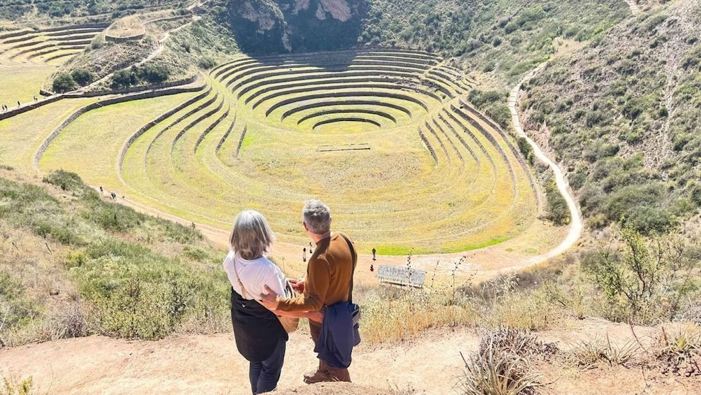 A large spiral terraced field with a dirt path leading to it. 1