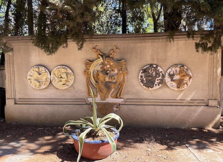 A wall with decorative reliefs and a potted plant. 4