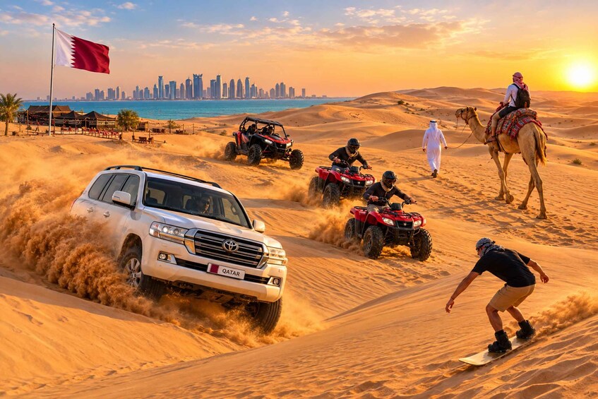 A desert landscape with sand dunes, a city skyline in the background, and people engaging in off-road activities. 3