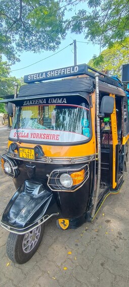 En gul och svart tuk-tuk (motordriven rickshaw) står parkerad på en asfalterad yta med träd i bakgrunden. 1