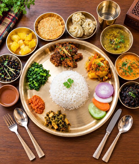 A traditional Indian meal with various dishes including rice, vegetables, and meat, served on a metal plate. 4