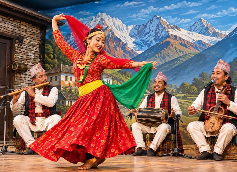 A traditional dance performance with a mountainous backdrop. 3