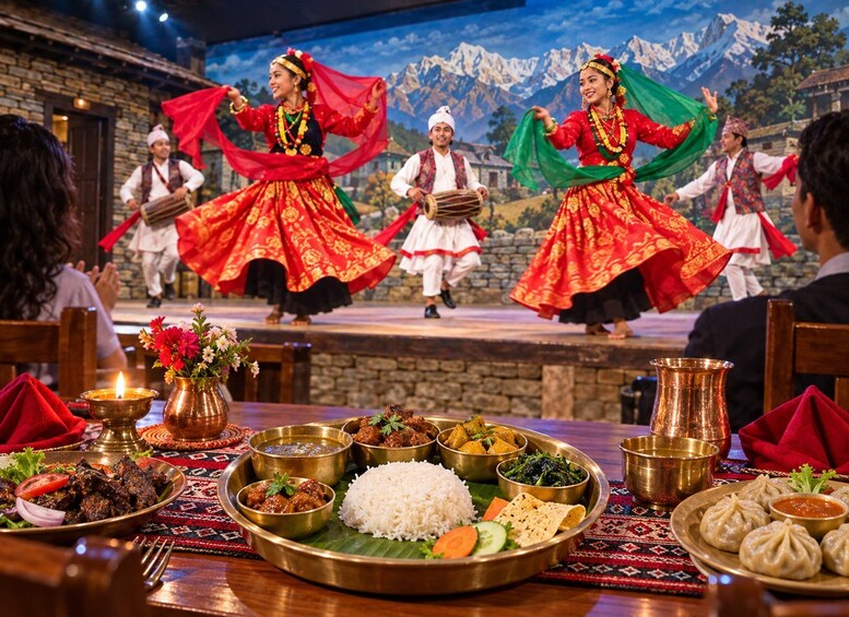 A traditional dance performance with performers in colorful attire, a table with various dishes, and a mountainous backdrop. 2