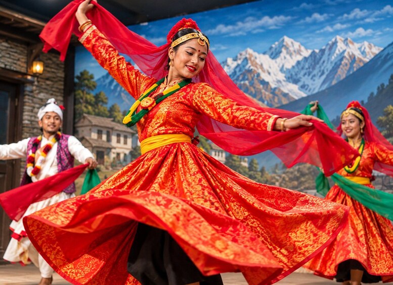 A woman in a red traditional dress dancing with a mountainous backdrop. 5