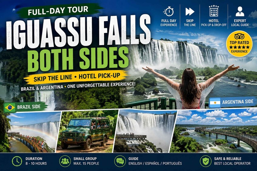 A full-day tour of Iguassu Falls, featuring both sides of the falls, with options for skipping the line or hotel pick-up. 1