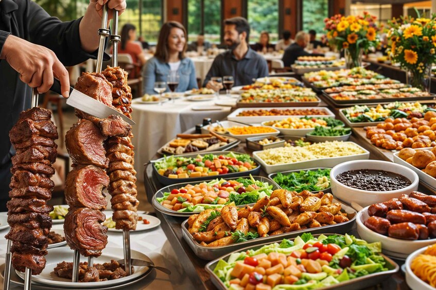 A buffet with skewered meats and various food stations. 3