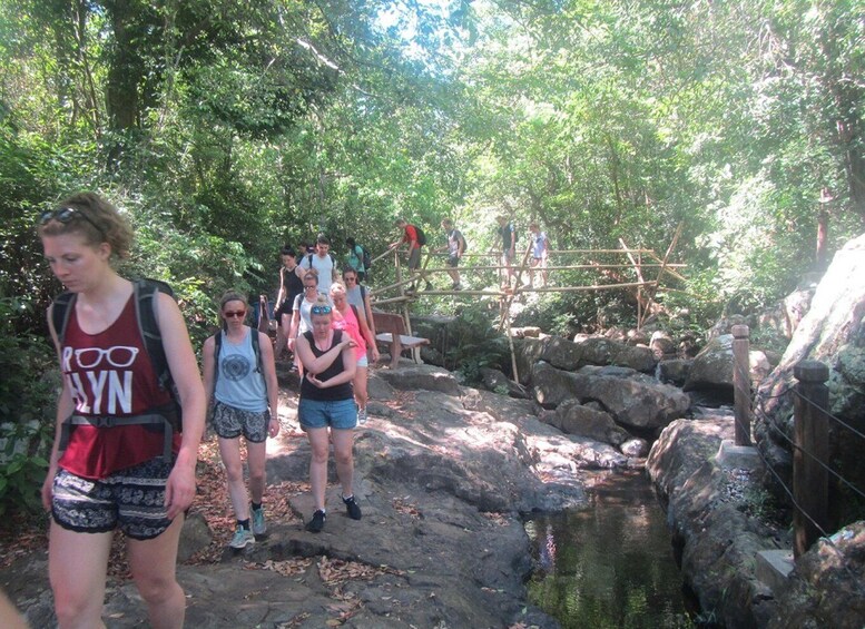 A group of people hiking on a rocky trail surrounded by dense greenery. 5