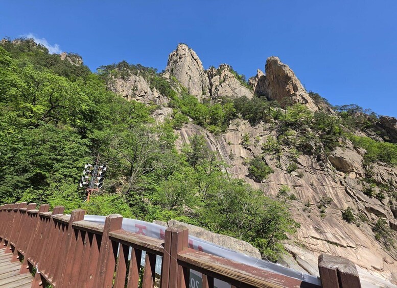 A wooden bridge with a sign, leading to a rocky mountain with sparse vegetation. 2