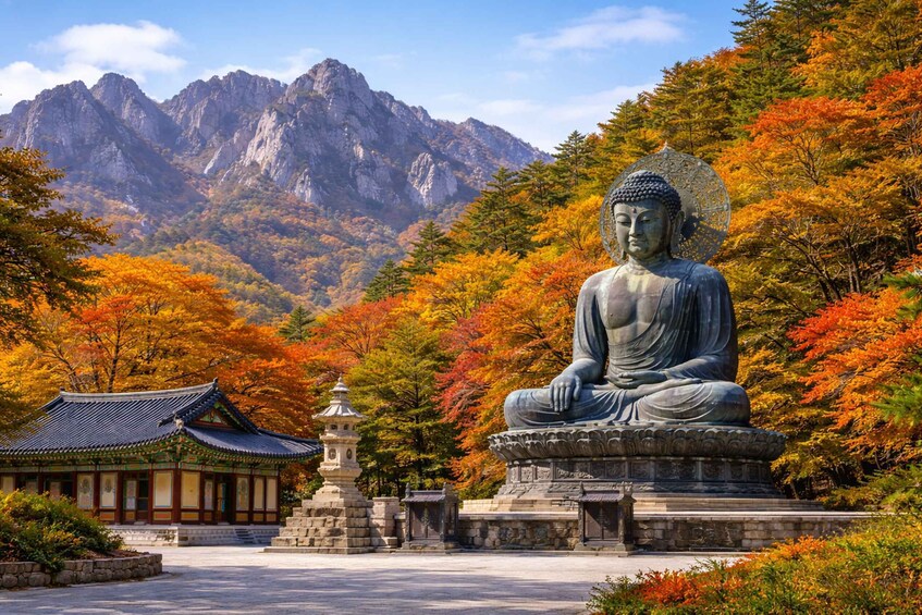 A large seated Buddha statue in a temple setting with autumn foliage and mountains in the background. 1