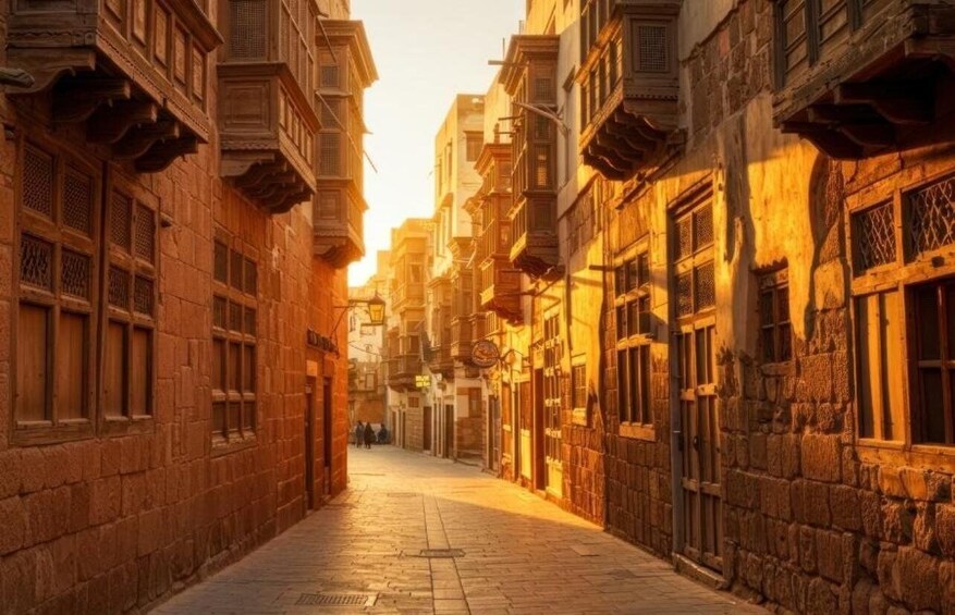A narrow street flanked by historic buildings with intricate wooden balconies and detailed stonework. 2