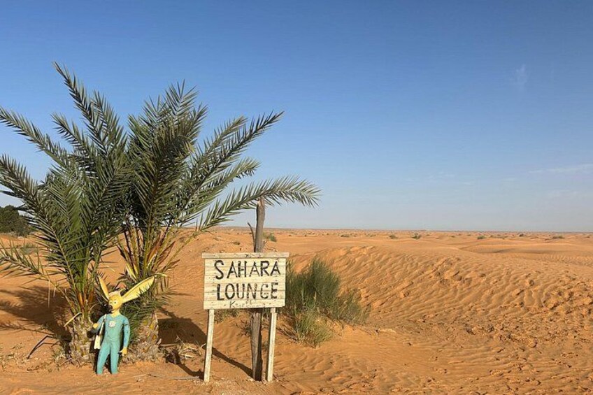 A sign for Sahara Lounge in a desert landscape with sand dunes and a palm tree. 5