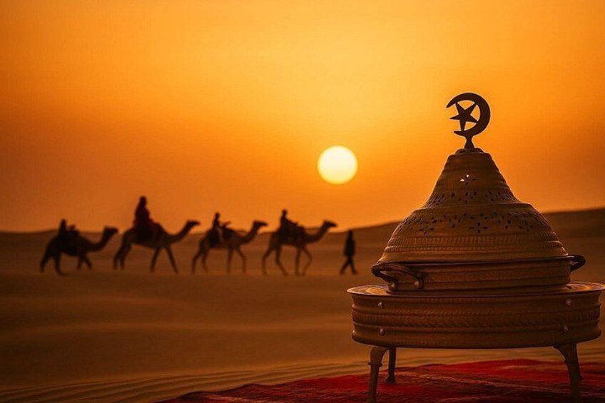 A desert scene with camels and riders silhouetted against a sunset, a traditional lantern in the foreground, and a clear sky. 2