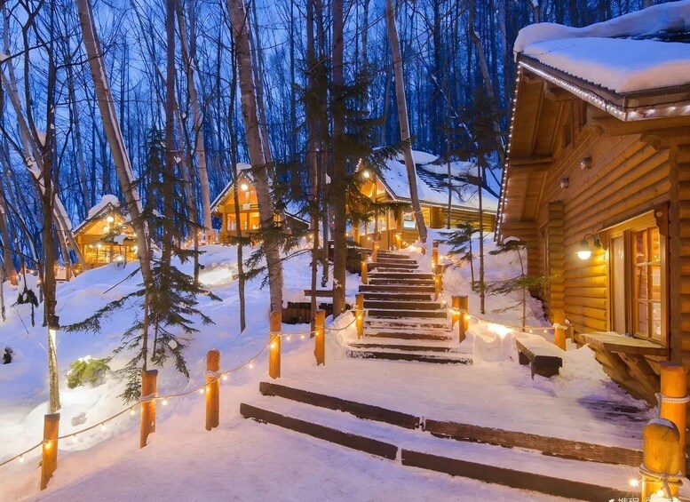 A wooden cabin with a snow-covered staircase leading up to it, surrounded by trees and lit by string lights. 3