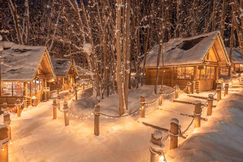 A snow-covered village with wooden cabins and a central building. 4