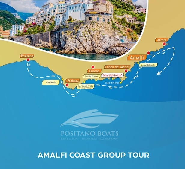 A coastal tour route with stops at Positano, Amalfi, and other locations. 5
