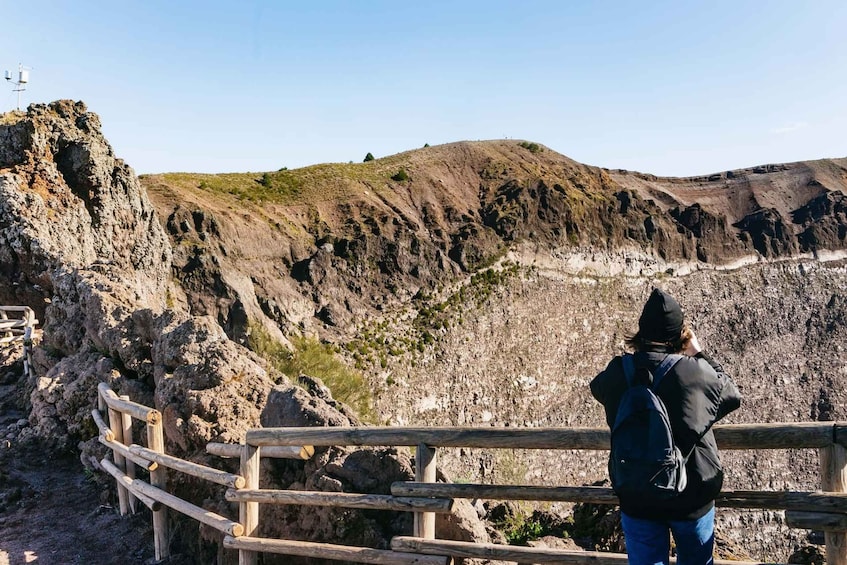 A person standing at a wooden railing overlooking a rocky landscape with sparse vegetation. 1