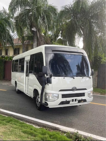 A white Toyota van parked on a street with palm trees in the background. 3