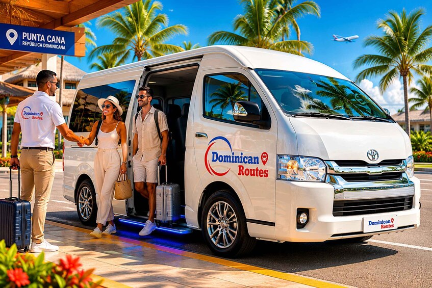 A white van with 'Dominican Routes' branding parked at a location marked 'Punta Cana.' 1