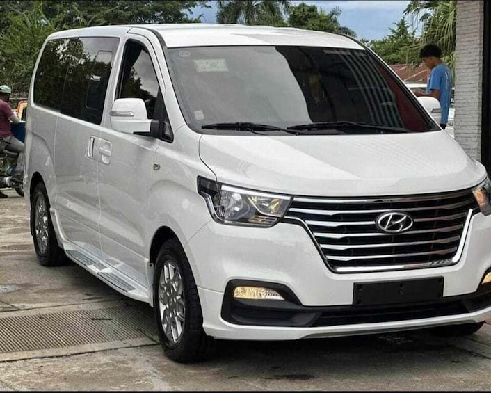 A white minivan parked outdoors with a visible Hyundai logo on the front grille. 4