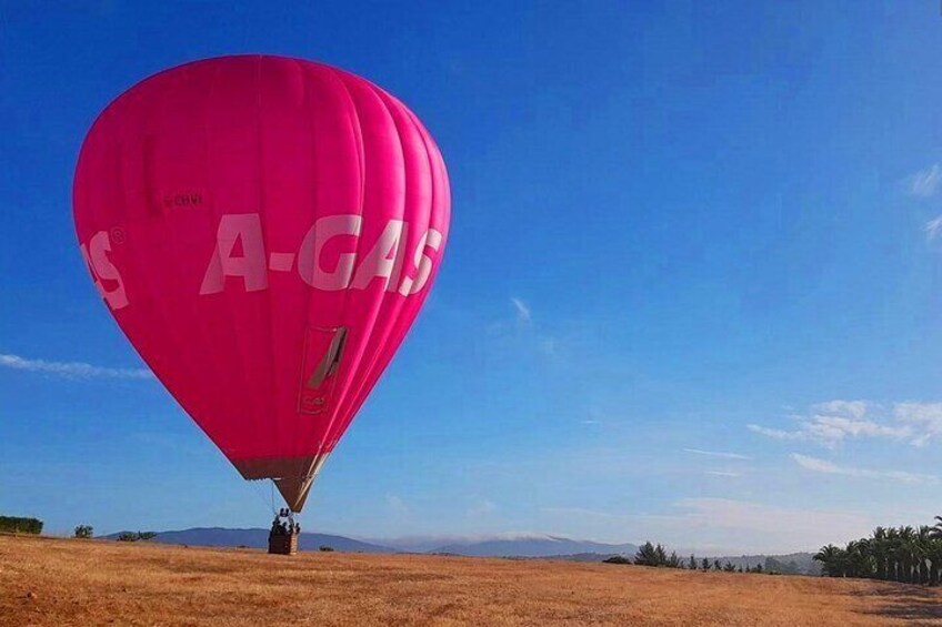 En lyserød luftballon med 'A-GAS' skrevet på siden, svæver over et tørt græsland med bjerge i baggrunden. 1